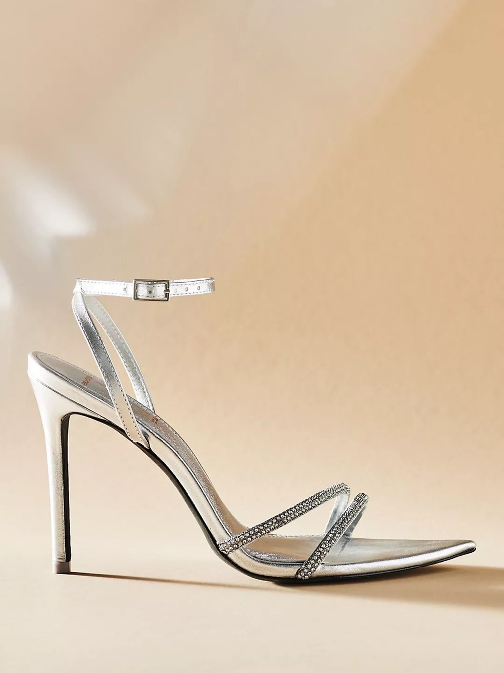Silver Rhinestone Strappy High Heel Sandal with Ankle Buckle
